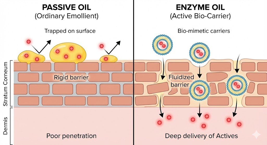 Enzyme Oil 바이오 캐리어가 피부 장벽을 통과해 유효 성분을 깊이 전달하는 모식도