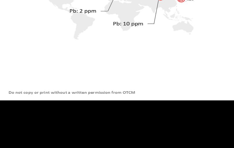 국가별 납(Pb) 규제 한도 — 미국 1ppm, EU 2ppm, 중국 10ppm, 한국 20ppm